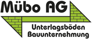 Logo Mübo AG. Schwarzer Schriftzug "Mübo AG" und giftgrüne Konstruktion einer Mauer. Darunter steht "Unterlagsboden" und "Bauunternehmung". Würenlingen.