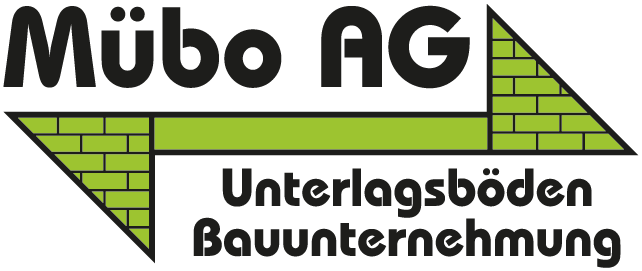 Logo Mübo AG. Schwarzer Schriftzug "Mübo AG" und giftgrüne Konstruktion einer Mauer. Darunter steht "Unterlagsboden" und "Bauunternehmung". Würenlingen.